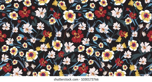 Seamless pattern with small flowers on a dark background. Modern fashionable floral texture for fabric, wallpaper, interior, tiles, print, textiles, packaging and various types of design. Vector