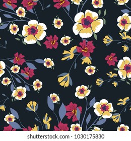 Seamless pattern with small flowers on a dark background. Modern fashionable floral texture for fabric, wallpaper, interior, tiles, print, textiles, packaging. Trendy  background. Vector 