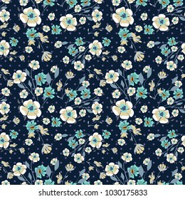 Patrón sin foco con flores pequeñas sobre un fondo oscuro. Textura moderna de moda para tejidos, papel pintado, interiores, azulejos, tejidos, embalajes.Vector floral de moda 