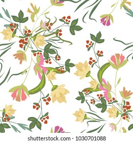 Seamless pattern with small flowers on a white background. Modern fashionable floral texture for fabric, wallpaper, interior, tiles, print, textiles, packaging. Trendy vector