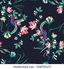 Seamless pattern with small flowers on a dark background. Modern fashionable floral texture for fabric, wallpaper, interior, tiles, print, textiles, packaging. Trendy vector