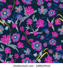 Seamless pattern with small flowers on a dark background. Modern fashionable floral texture for fabric, wallpaper, interior, tiles, print, textiles, packaging and various types of design. Vector 
