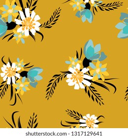 Seamless pattern with small flowers on a dark yellow background. Modern and Trendy fashionable floral texture for fabric, wallpaper, interior, tiles, print, textiles, packaging and various designs.