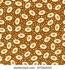 Seamless pattern of small flowers on a brown background. Cute floral print. Daisy flowers combined with peas. Vector illustration.