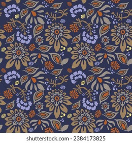 Patrón sin foco con flores pequeñas sobre un fondo oscuro. Textura floral moderna y de moda para tejidos, papel pintado, interiores, azulejos, tejidos, embalajes