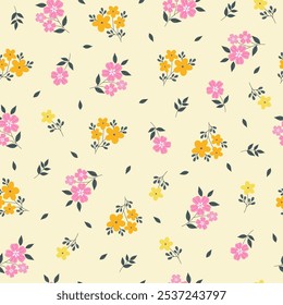 Seamless pattern with small flowers on yellow background. Hand drawn floral pattern for your fabric, summer background, wallpaper, backdrop, textile. Vector illustration