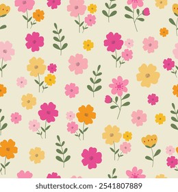 Seamless pattern with small flowers on cream color background. Hand drawn floral pattern for your fabric, summer background, wallpaper, backdrop, textile. Vector illustration