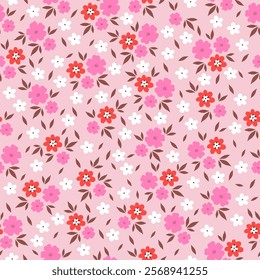 Seamless pattern with small flowers on pink background. Hand drawn floral pattern for your fabric, summer background, wallpaper, backdrop, textile. Vector illustration