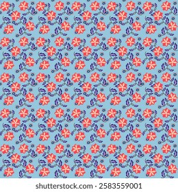 Seamless pattern with small flowers on cream color background. Hand drawn floral pattern for your fabric, summer background, wallpaper, backdrop, textile. Vector illustration.