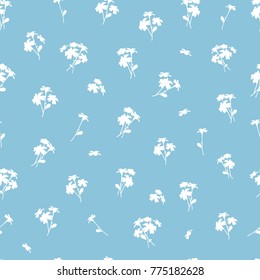 Seamless pattern with small flowers on a on a blue background. The contours. delicate light airy texture for interior, tiles, textiles, scrapbook, packaging and various types of design. vector.