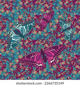 Seamless pattern with small flowers. Purple butterflies. Vector illustration