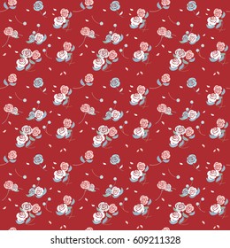Seamless pattern of small flowers roses on Burgundy background. Rich and bright floral texture for textile, Wallpapers, various design 