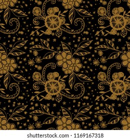 Seamless Pattern with Small Flowers in Rustic Style. Autumn Floral Texture with Hand Drawn Doodles. Small Natural Rapport for Fabric, Cloth, Textile. Vector Seamless Background with Wild Flowers.