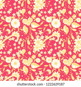 Seamless Pattern with Small Flowers in Rustic Style. Summer Floral Texture with Hand Drawn Doodle Blossoms, Leaves and Buds. Small Natural Rapport for Print, Cotton, Calico. Vector Zentangle.