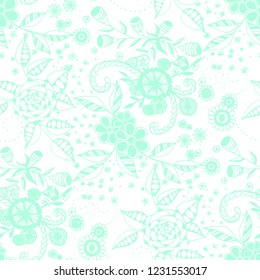 Seamless Pattern with Small Flowers in Rustic Style. Spring Floral Texture with Hand Drawn Doodle Blossoms, Leaves and Buds. Small Natural Rapport for Chintz, Linen, Calico. Vector.