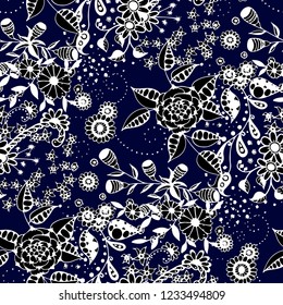Seamless Pattern with Small Flowers in Rustic Style. Summer Floral Texture with Hand Drawn Doodle Blossoms, Leaves and Buds. Small Natural Rapport for Fabric, Cloth, Paper. Vector.