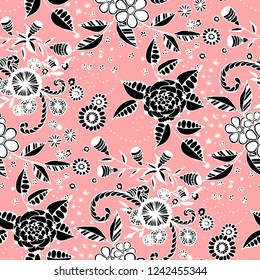 Seamless Pattern with Small Flowers in Rustic Style. Spring Floral Texture with Hand Drawn Doodle Blossoms, Leaves and Buds. Small Natural Rapport for Fabric, Cloth, Textile. Vector.