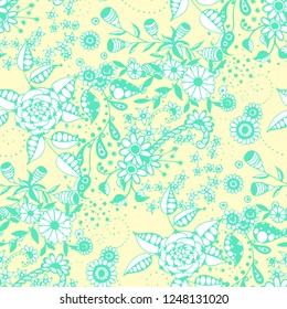 Seamless Pattern with Small Flowers in Rustic Style. Spring Floral Texture with Hand Drawn Doodle Blossoms, Leaves and Buds. Small Natural Rapport for Chintz, Linen, Calico. Vector.
