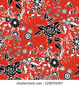 Seamless Pattern with Small Flowers in Rustic Style. Autumn Floral Texture with Hand Drawn Doodle Blossoms, Leaves and Buds. Small Natural Rapport for Fabric, Cloth, Paper. Vector.