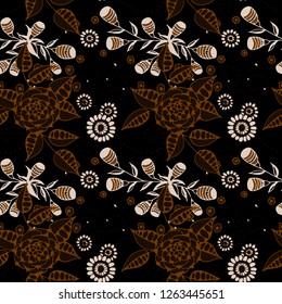 Seamless Pattern with Small Flowers in Rustic Style. Summer Floral Texture with Hand Drawn Doodle Blossoms, Leaves and Buds. Small Natural Rapport for Dress, Cloth, Paper. Vector.