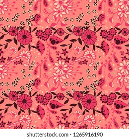 Seamless Pattern with Small Flowers in Rustic Style. Spring Floral Texture with Hand Drawn Doodle Blossoms, Leaves and Buds. Small Natural Rapport for Fabric, Cloth, Textile. Vector Zentangle.