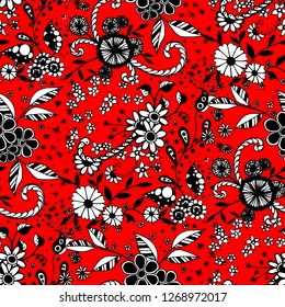 Seamless Pattern with Small Flowers in Rustic Style. Autumn Floral Texture with Hand Drawn Doodle Blossoms, Leaves and Buds. Small Natural Rapport for Chintz, Linen, Calico. Vector Zentangle.