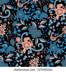 Seamless Pattern with Small Flowers in Rustic Style. Summer Floral Texture with Hand Drawn Doodle Blossoms, Leaves and Buds. Small Natural Rapport for Fabric, Cloth, Textile. Vector Zentangle.