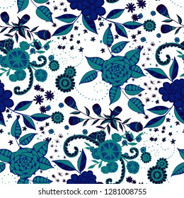 Seamless Pattern with Small Flowers in Rustic Style. Spring Floral Texture with Hand Drawn Doodle Blossoms, Leaves and Buds. Small Natural Rapport for Dress, Print, Paper. Vector.