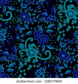 Seamless Pattern with Small Flowers in Rustic Style. Autumn Floral Texture with Hand Drawn Doodle Blossoms, Leaves and Buds. Small Natural Rapport for Chintz, Cotton, Calico. Vector Zentangle.