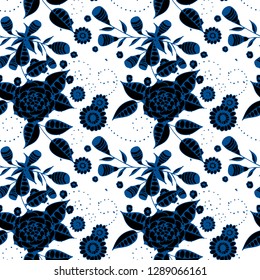 Seamless Pattern with Small Flowers in Rustic Style. Summer Floral Texture with Hand Drawn Doodle Blossoms, Leaves and Buds. Small Natural Rapport for Fabric, Cloth, Textile. Vector.