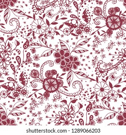 Seamless Pattern with Small Flowers in Rustic Style. Autumn Floral Texture with Hand Drawn Doodle Blossoms, Leaves and Buds. Small Natural Rapport for Dress, Cloth, Paper. Vector Zentangle.