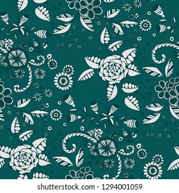 Seamless Pattern with Small Flowers in Rustic Style. Spring Floral Texture with Hand Drawn Doodle Blossoms, Leaves and Buds. Small Natural Rapport for Chintz, Linen, Calico. Vector.