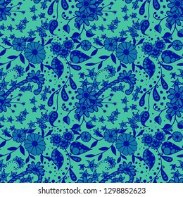 Seamless Pattern with Small Flowers in Rustic Style. Autumn Floral Texture with Hand Drawn Doodle Blossoms, Leaves and Buds. Small Natural Rapport for Dress, Print, Cotton. Vector Zentangle.