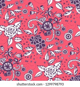 Seamless Pattern with Small Flowers in Rustic Style. Autumn Floral Texture with Hand Drawn Doodle Blossoms, Leaves and Buds. Small Natural Rapport for Print, Cotton, Calico. Vector.