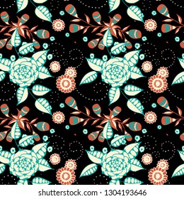 Seamless Pattern with Small Flowers in Rustic Style. Summer Floral Texture with Hand Drawn Doodle Blossoms, Leaves and Buds. Small Natural Rapport for Fabric, Linen, Textile. Vector.