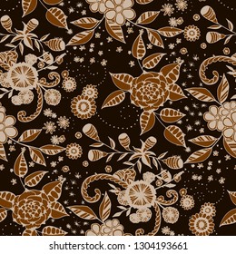 Seamless Pattern with Small Flowers in Rustic Style. Spring Floral Texture with Hand Drawn Doodle Blossoms, Leaves and Buds. Small Natural Rapport for Chintz, Linen, Calico. Vector.