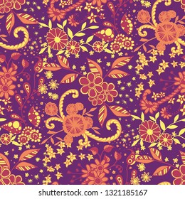 Seamless Pattern with Small Flowers in Rustic Style. Summer Floral Texture with Hand Drawn Doodle Blossoms, Leaves and Buds. Small Natural Rapport for Dress, Print, Paper. Vector Zentangle.