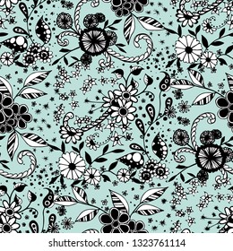 Seamless Pattern with Small Flowers in Rustic Style. Autumn Floral Texture with Hand Drawn Doodle Blossoms, Leaves and Buds. Small Natural Rapport for Chintz, Cotton, Calico. Vector Zentangle.