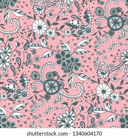 Seamless Pattern with Small Flowers in Rustic Style. Spring Floral Texture with Hand Drawn Doodle Blossoms, Leaves and Buds. Small Natural Rapport for Fabric, Linen, Textile. Vector Zentangle.