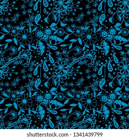 Seamless Pattern with Small Flowers in Rustic Style. Spring Floral Texture with Hand Drawn Doodle Blossoms, Leaves and Buds. Small Natural Rapport for Chintz, Cotton, Calico. Vector Zentangle.