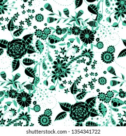 Seamless Pattern with Small Flowers in Rustic Style. Autumn Floral Texture with Hand Drawn Doodle Blossoms, Leaves and Buds. Small Natural Rapport for Dress, Print, Cotton. Vector.