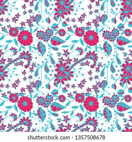 Seamless Pattern with Small Flowers in Rustic Style. Spring Floral Texture with Hand Drawn Doodle Blossoms, Leaves and Buds. Small Natural Rapport for Fabric, Cloth, Textile. Vector Zentangle.