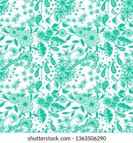 Seamless Pattern with Small Flowers in Rustic Style. Summer Floral Texture with Hand Drawn Doodle Blossoms, Leaves and Buds. Small Natural Rapport for Print, Cotton, Calico. Vector Zentangle.