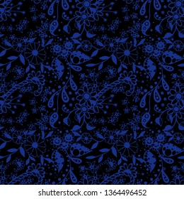 Seamless Pattern with Small Flowers in Rustic Style. Spring Floral Texture with Hand Drawn Doodle Blossoms, Leaves and Buds. Small Natural Rapport for Fabric, Cloth, Paper. Vector Zentangle.