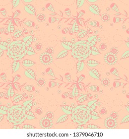 Seamless Pattern with Small Flowers in Rustic Style. Spring Floral Texture with Hand Drawn Doodle Blossoms, Leaves and Buds. Small Natural Rapport for Chintz, Linen, Textile. Vector.