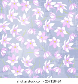 Seamless pattern with small flowers of sakura with grange texture