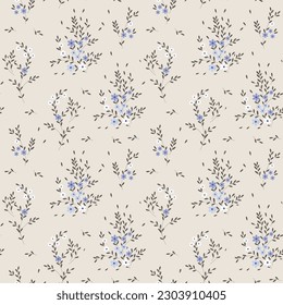 Seamless pattern, small flowers and scattered leaves. Floral rustic background, print, textile, wallpaper, vector	
