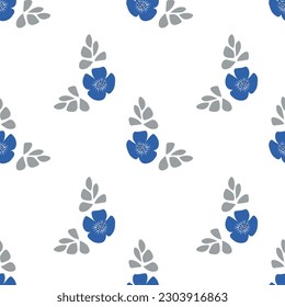 Seamless pattern, small flowers and scattered leaves. Floral rustic background, print, textile, wallpaper, vector