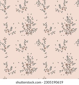 Seamless pattern, small flowers and scattered leaves. Floral rustic background, print, textile, wallpaper, vector	
