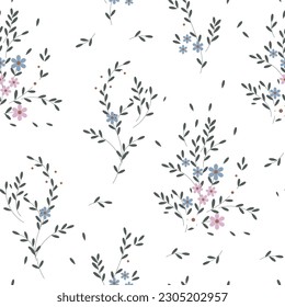 Patrón sin foco, flores pequeñas y hojas dispersas. Fondo rústico floral, impresión, textil, papel pintado, vector	
